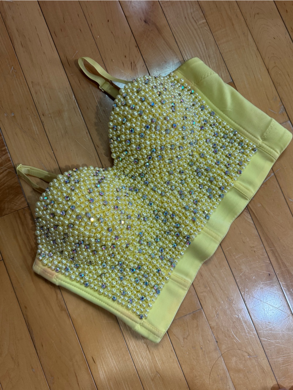 Pearl-Embellished Yellow Bustier Crop Top Sz Medium